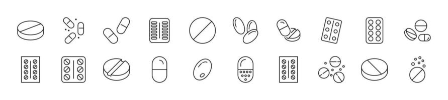 Collection of thin line icons of pills. Editable stroke. Simple linear illustration for web sites, newspapers, articles book vector