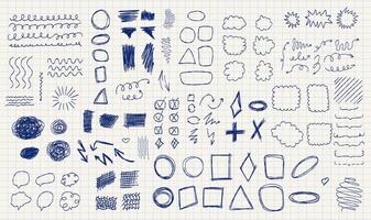 A set of hand-drawn sketches. Lines, arrows shapes, scribbles, frames and strokes. A piece of lined paper, shown a creative, abstract designs. Notebook page pen and markers doodles. vector