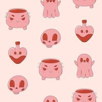 Cute and creepy seamless pattern. Trendy pink and red print. Retro cartoon style. Cauldron, skull, potion, mushroom, ghoost. Happy Halloween. vector