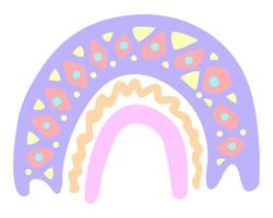 Cute childish illustration with abstract pastel color rainbow. Striped arc in scandinavian boho style. Hand drawn isolated on white background for baby shower, poster, invitation, postcard. vector