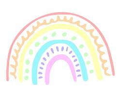 Cute childish illustration with abstract pastel color rainbow. Striped arc in scandinavian boho style. Hand drawn isolated on white background for baby shower, poster, invitation, postcard. vector