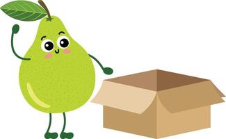 Funny pear mascot with open cardboard box vector