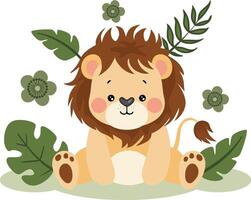 Cute lion in the jungle with leaves vector