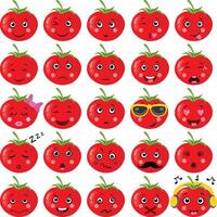 Set digital collage of fresh red tomato with different expressions vector
