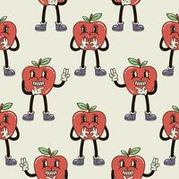 A seamless pattern with funny, cute and smiling red apple character in a groovy style vector