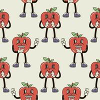 A seamless pattern with funny, cute and smiling red apple character in a groovy style vector