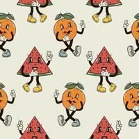 A seamless pattern with funny, cute and smiling orange and watermelon character in a groovy style vector