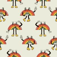 A seamless pattern with a funny and cute rainbow character in a groovy style vector