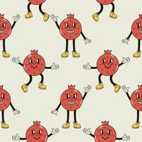A seamless pattern with a funny and cute pomegranate character in a groovy style vector