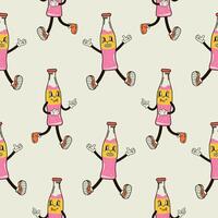 A seamless pattern with a funny cute a bottle of soda character in a groovy style vector