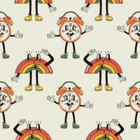 A seamless pattern with funny, cute and smiling alarm clock and rainbow character in a groovy style vector