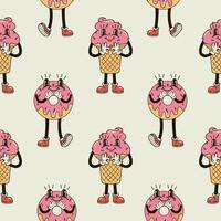 A seamless pattern with a funny and cute ice cream and donut character in a groovy style vector