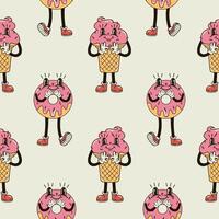 A seamless pattern with a funny and cute ice cream and donut character in a groovy style vector