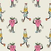 A seamless pattern with a funny cute a bottle of soda character in a groovy style vector