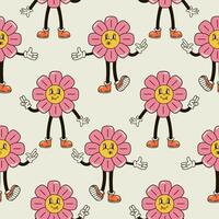 A seamless pattern with a funny and cute flower character in a groovy style vector