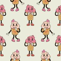 A seamless pattern with a funny and cute ice cream and cupcake character in a groovy style vector