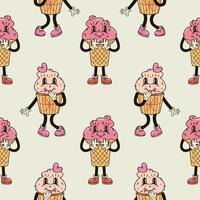 A seamless pattern with a funny and cute ice cream and cupcake character in a groovy style vector