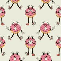 A seamless pattern with funny, cute and smiling donut character in a groovy style vector