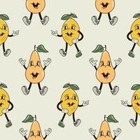 A seamless pattern with funny, cute and smiling pear and lemon character in a groovy style vector