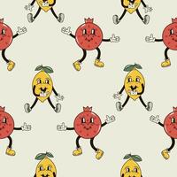 A seamless pattern with funny, cute and smiling pomegranate and lemon character in a groovy style vector