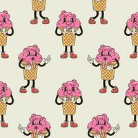 A seamless pattern with a funny and cute ice cream character in a groovy style vector