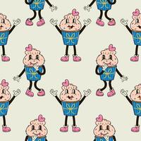 A seamless pattern with a funny and cute cupcake character in a groovy style vector