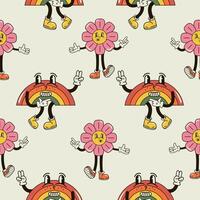 A seamless pattern with funny, cute and smiling flower and rainbow character in a groovy style vector