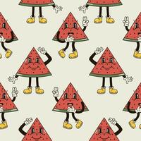 A seamless pattern with funny, cute and smiling watermelon character in a groovy style vector
