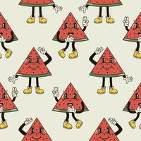 A seamless pattern with funny, cute and smiling watermelon character in a groovy style vector