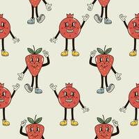 A seamless pattern with smiling funny and cute pomegranate and strawberry character in a groovy style vector