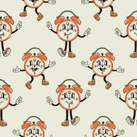 A seamless pattern with a funny and cute alarm clock character in a groovy style vector