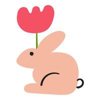 Cute rabbit with red flower. Spring season. Flat design hand drawn illustration on white background. vector