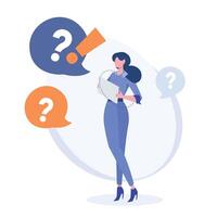 business woman with question marks and speech bubbles illustration vector