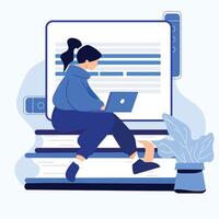 a woman sitting on top of books with a laptop vector