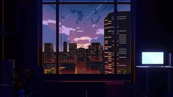 anime stil bakgrund landskap av en rum med öppen fönster i de stad, kväll scen med skytte stjärna sömlös slinga video