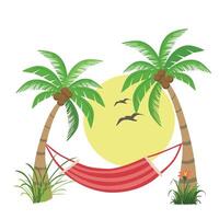 Coconut tree and hammock. Summer element. Hello summer concept. Cartoon flat isolated on white background. vector
