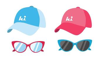 Baseball cap and sunglasses set. Hat and sunglasses clipart. Summer element. Cartoon flat isolated on white background. vector