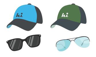 Baseball cap and sunglasses set. Hat and sunglasses clipart. Summer element. Cartoon flat isolated on white background. vector