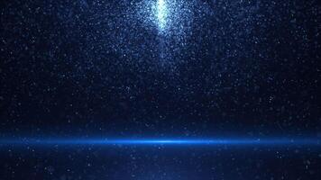 Animation of abstract glowing glitter particles. Flying bright dots and dust particles and bokeh on a blue background. seamless loop video