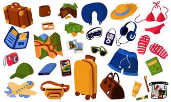 Travel kit. Bag and accessories for tourists. A set of things for traveling and relaxing on the beach. Suitcase, clothes, cosmetics, shoes, passport. Flat illustration isolated on a white vector