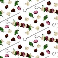 Pattern of kebabs strung on skewers and separate parts. Grilling and outdoor dining. An invitation to barbecue themed, picnic banners or culinary websites, adding spice to any design. Seamless vector