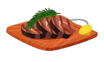 Wooden cutting board with pieces of fried red fish steak with rosemary and lemon. illustration of barbecue fish. Ready-made dish to serve. It is suitable for demonstrating recipes, cooking vector