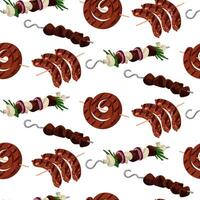 A pattern with sausages and kebabs on a skewer on the grill. Barbecue and outdoor cooking. It is suitable for decoration of summer themes, food packaging or restaurant menus. Seamless vector