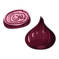 Red onion is whole and sliced, emphasizing its rich color and layered texture. It can be used in recipe cards, on cooking websites, or in cooking guides. Purple colors in layers. illustration vector