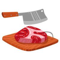 wooden cutting board for cutting with a piece of fresh meat and a large knife on top. Ideal for demonstrating recipes, cooking tips, cookware commercials and cooking tutorials. illustration vector