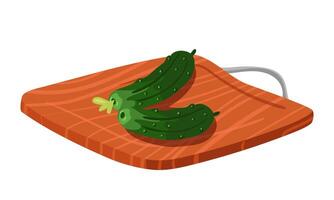 Fresh small cucumbers are laid out on a wooden chopping board. Juicy green round vegetables. Fresh vitamins on the cutting tray. For cooking blogs, recipe cards. illustration vector