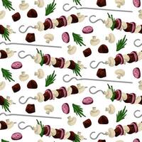 A pattern of kebabs strung on skewers and separately. Grilling and outdoor dining. An invitation to barbecue themed, picnic banners or culinary websites, adding spice to any design. Seamless vector