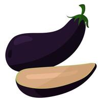 A whole and sliced slice of fresh eggplant, showing its bright purple hue and juicy texture. It is ideal for culinary graphics, postcards with recipes, healthy lifestyle. Isolated. illustration vector