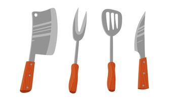 A set of kitchen knives with a wooden handle, demonstrating various types of knives, a spatula, a fork for meat. illustration. Useful for cooking blogs, recipe books, or kitchen utensils ads vector