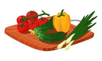 Fresh tomatoes, cucumbers, peppers, and onions are laid out on a wooden cutting board. Juicy different vegetables. Fresh vitamins on the cutting tray. For cooking blogs, recipe cards vector